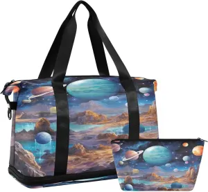 Planets and Stars Sports Gym Bag,Travel Duffel bag with Wet Pocket & Shoes Compartment Lightweight Waterproof Overnight Bag for Men Women
