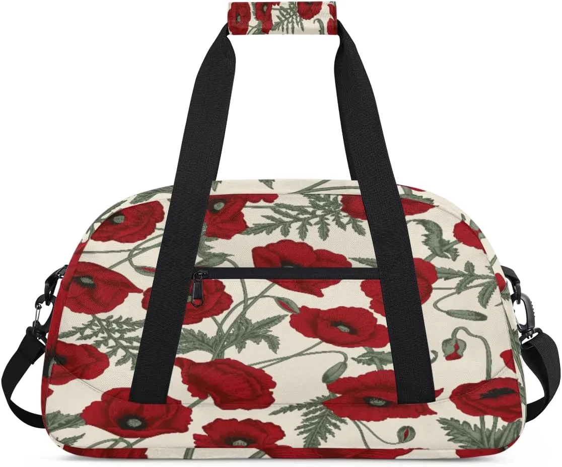 Poppy Gym Duffel Bag for Men Women Retro Style Sports Tote Bag with Adjustable Shoulder Strap for Dance Gymnastics Traveling Outdoor Camping Overnight Stay