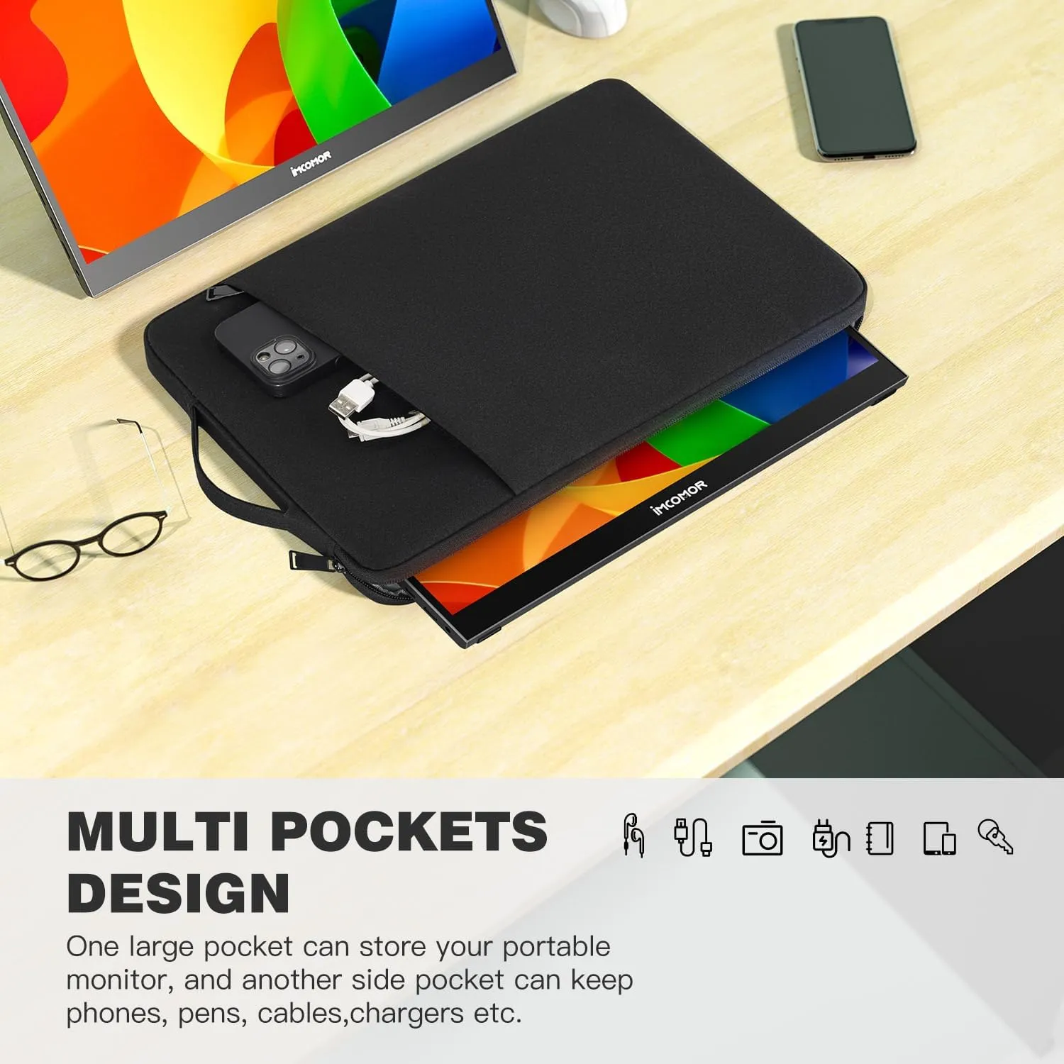 Portable Monitor Case 15.6 Inch, Protective Carrying Sleeve for MNN ForHelp KYY InnoView VILVA COOLHOOD ViewSonic HotYeah KOORUI QQH Zenscreen 15.6" Portable Monitor Computer Bag,Black