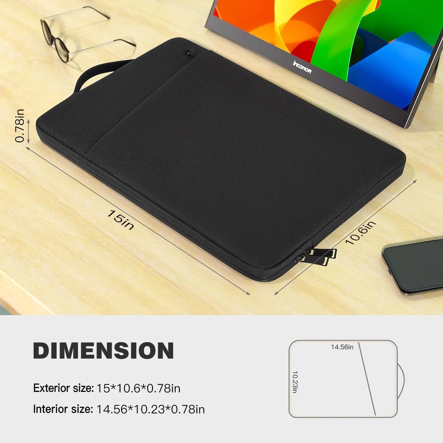 Portable Monitor Case 15.6 Inch, Protective Carrying Sleeve for MNN ForHelp KYY InnoView VILVA COOLHOOD ViewSonic HotYeah KOORUI QQH Zenscreen 15.6" Portable Monitor Computer Bag,Black