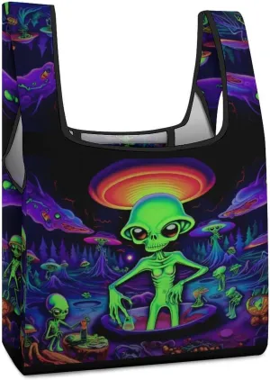 Psychedelic Aliens Novelty Reusable Grocery Bag Fold-able Shopping Bags Washable Tote Lightweight Storage Pouch with Handle