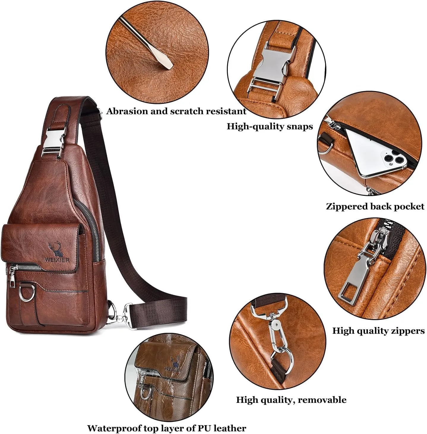 PU Leather Sling Bag for Men - Waterproof, Lightweight, Crossbody Chest Bag for Hiking & Cycling