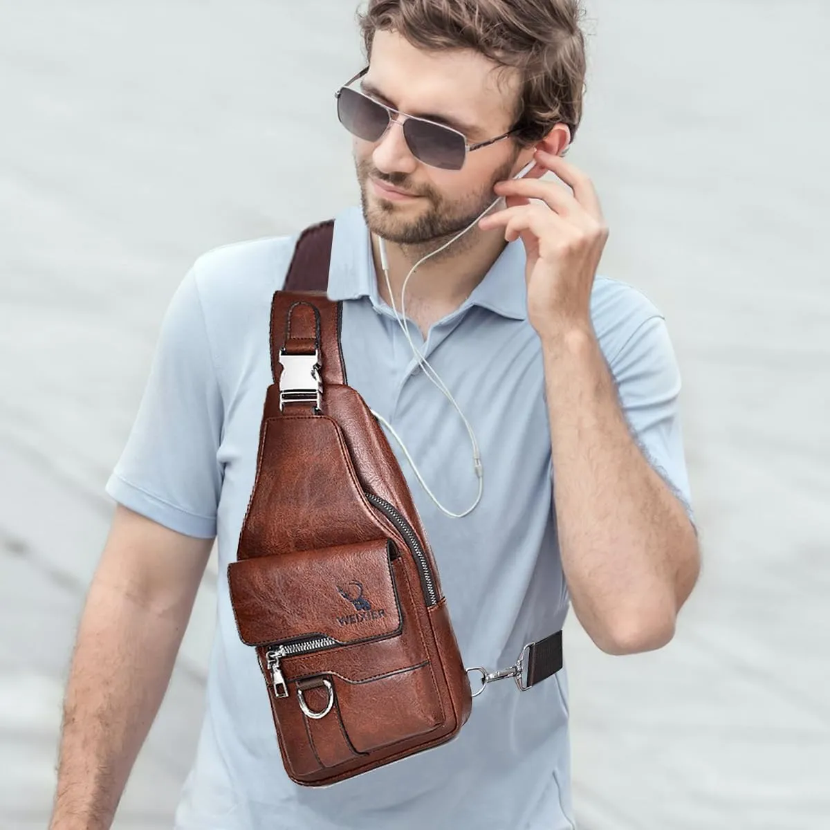 PU Leather Sling Bag for Men - Waterproof, Lightweight, Crossbody Chest Bag for Hiking & Cycling