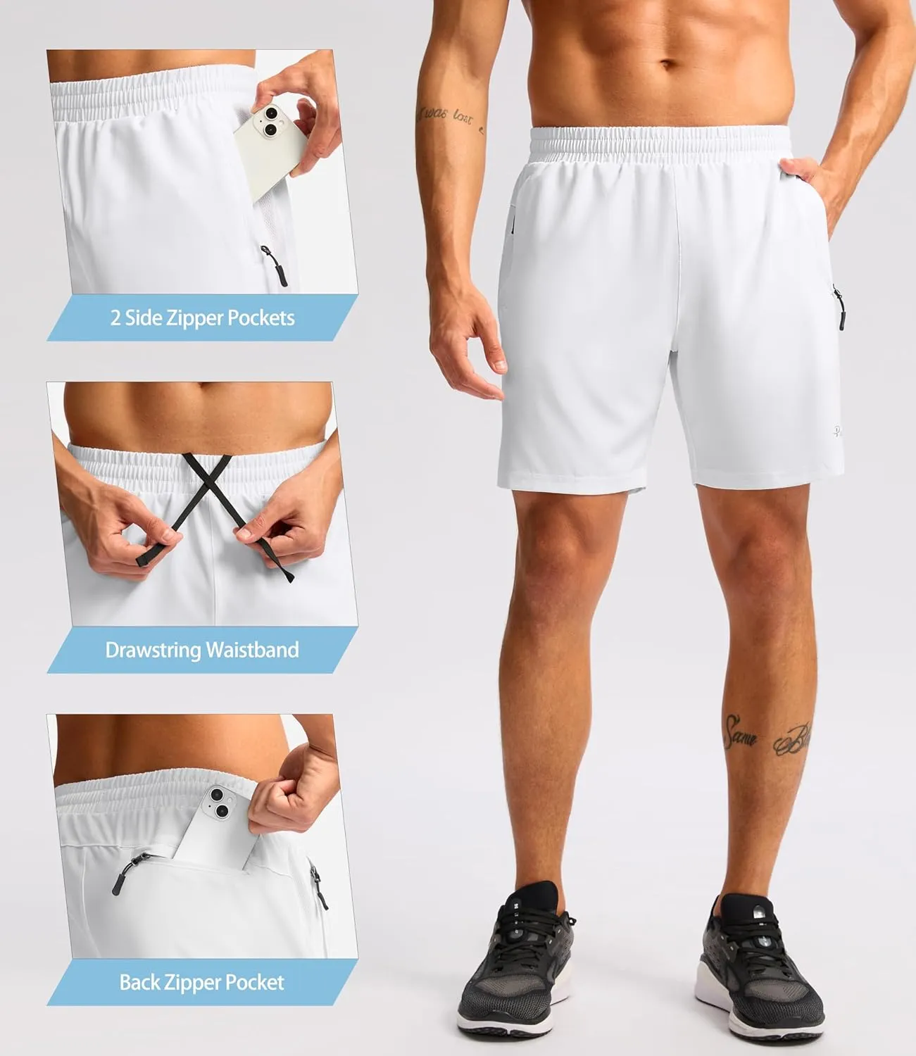 Pudolla Men's Running Athletic Shorts with 3 Zipper Pockets 5"/7" Gym Workout Shorts Lightweight Quick Dry for Hiking Casual
