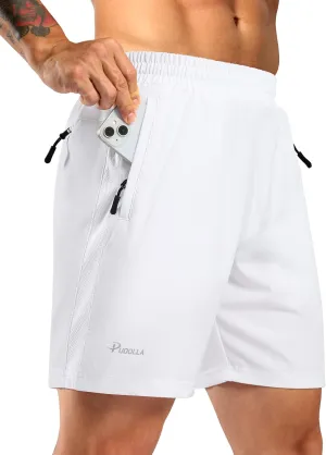 Pudolla Men's Running Athletic Shorts with 3 Zipper Pockets 5"/7" Gym Workout Shorts Lightweight Quick Dry for Hiking Casual