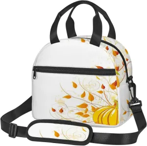 Pumpkin Print,Insulated Reusable Lunch Bag Adult Large Lunch Box for Women and Men,Fruit with Stalks and Leaves Thanksgiving,Adjustable Shoulder Strap,Front Zipper Pocket,Yellow Orange Green
