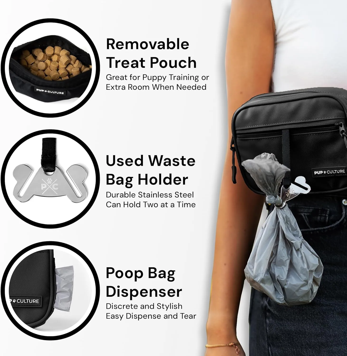 Pup Culture Cross Body Dog Training Treat Pouch | Removable for Anytime Puppy Training | Built-in Poop Bag Dispenser & Used Bag Holder | Stylish - Navy