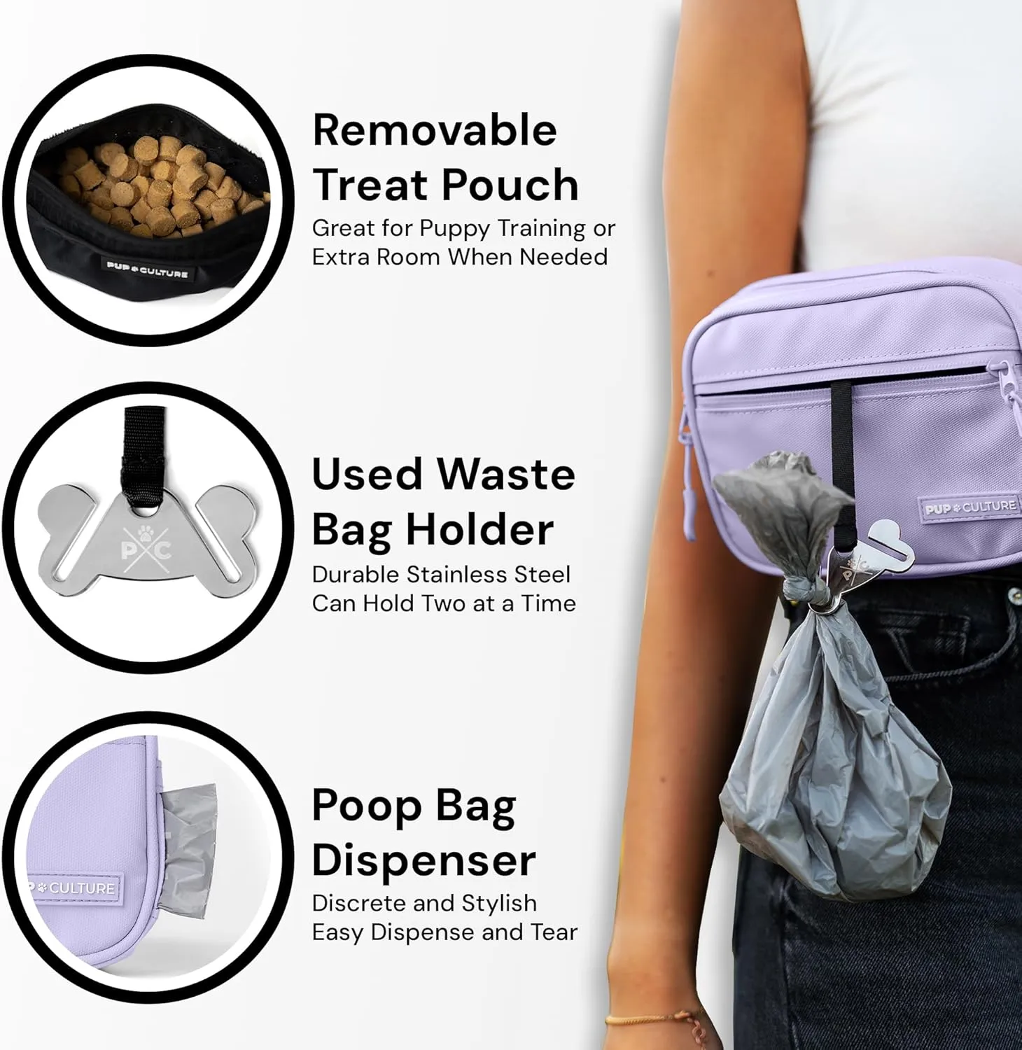 Pup Culture Cross Body Dog Training Treat Pouch | Removable Pouch With Built-in Poop Bag Dispenser & Used Bag Holder | Stylish Puppy Training Accessory - Lavender