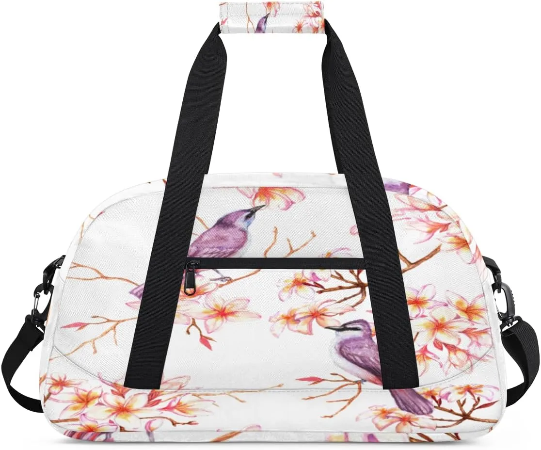 Purple Bird Gym Duffel Bag for Men Women Peach Blossom Sports Tote Bag with Adjustable Shoulder Strap for Dance Gymnastics Traveling Outdoor Camping Overnight Stay