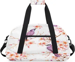 Purple Bird Gym Duffel Bag for Men Women Peach Blossom Sports Tote Bag with Adjustable Shoulder Strap for Dance Gymnastics Traveling Outdoor Camping Overnight Stay