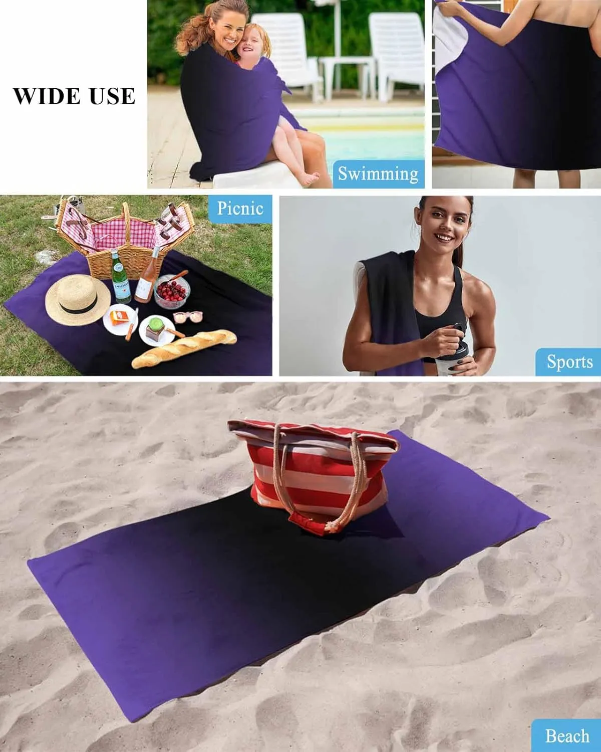 Purple with Black Beach Towel 31"x61" Microfiber Beach Towels Oversized Sand Free Quick Dry Beach Towel/Bath Towels/Yoga Towel/Pool Towels/Travel Towel for Women Men Girls Kids-Gradient