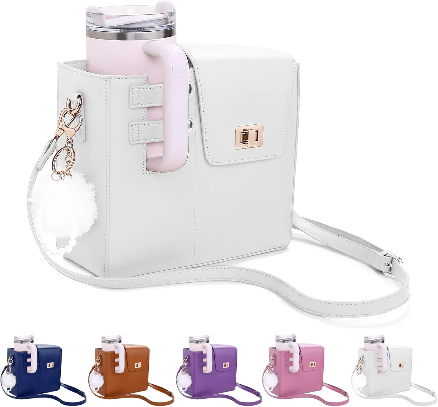 Purse for Stanley Cup丨Stanley Purse Cup Holder, Outdoor Portable Crossbody Water Cup Storage Bag for Stanley 40 oz Tumble, Stanley Cup Purse Includes Plush Beaded Keychain, Adjustable Shoulder Strap