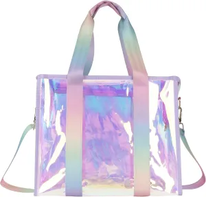 PuTian Large Iridescent Tote Bag for Women with Zipper | Sandproof Waterproof Beach Bag Tip-Proof Clear Shoulder Bag for Pool Travel Gym Boat Crossbody Handbag