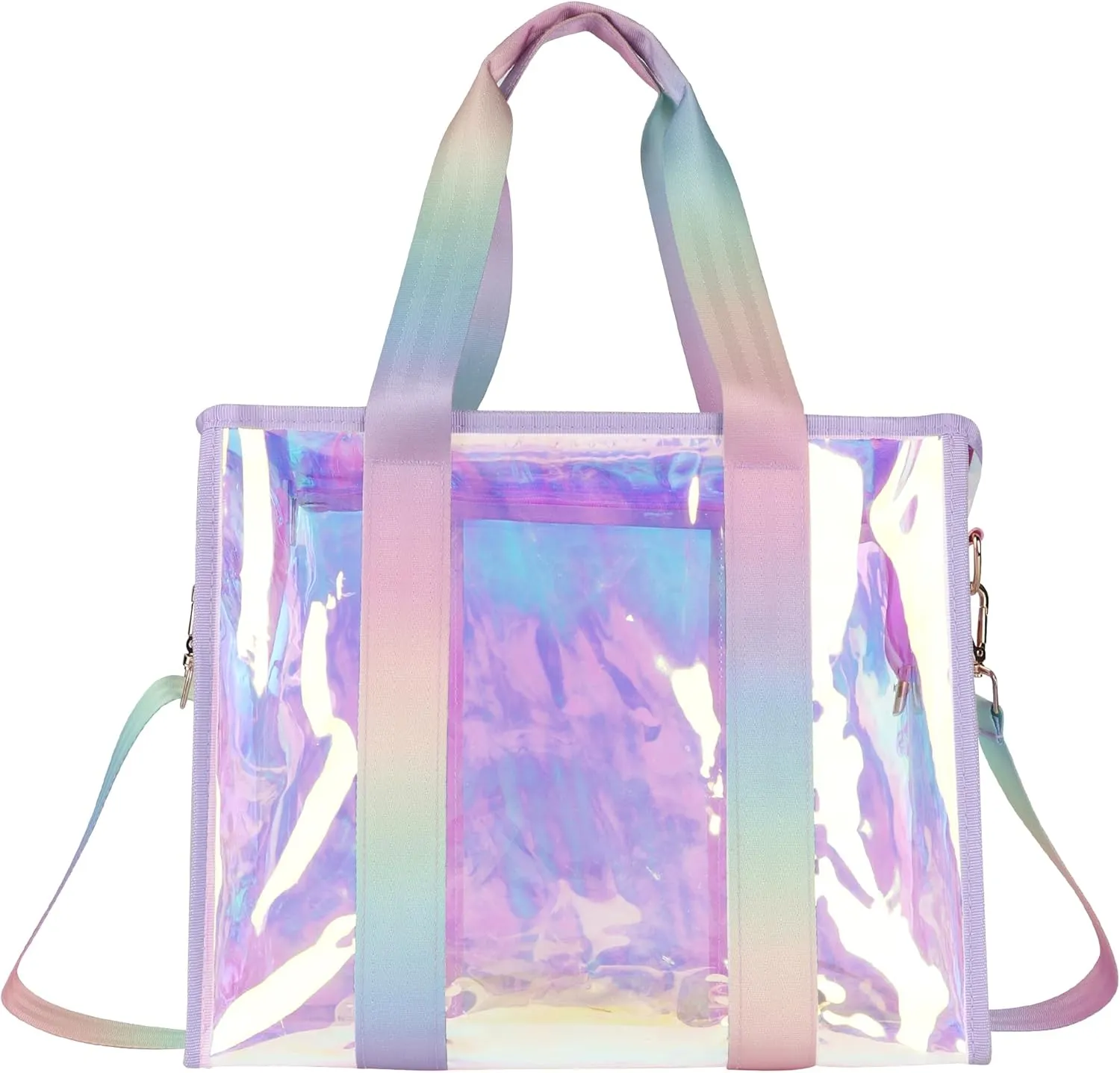 PuTian Large Iridescent Tote Bag for Women with Zipper | Sandproof Waterproof Beach Bag Tip-Proof Clear Shoulder Bag for Pool Travel Gym Boat Crossbody Handbag
