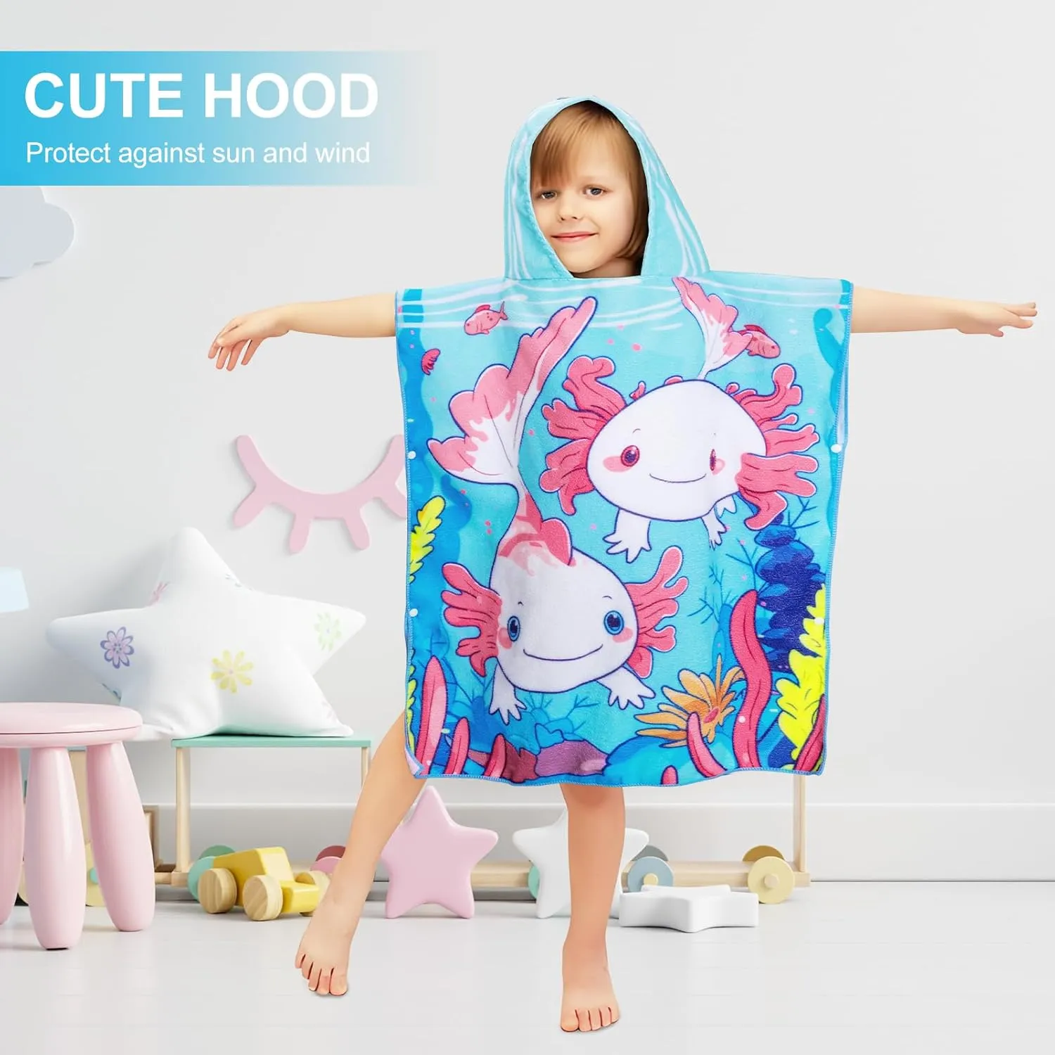 Queenshin Salamander Hooded Kids Beach Towel Sandproof, Quick Dry Microfiber Poncho Changing Pool Towel Robe for Boys & Girls 26 x 30 inch