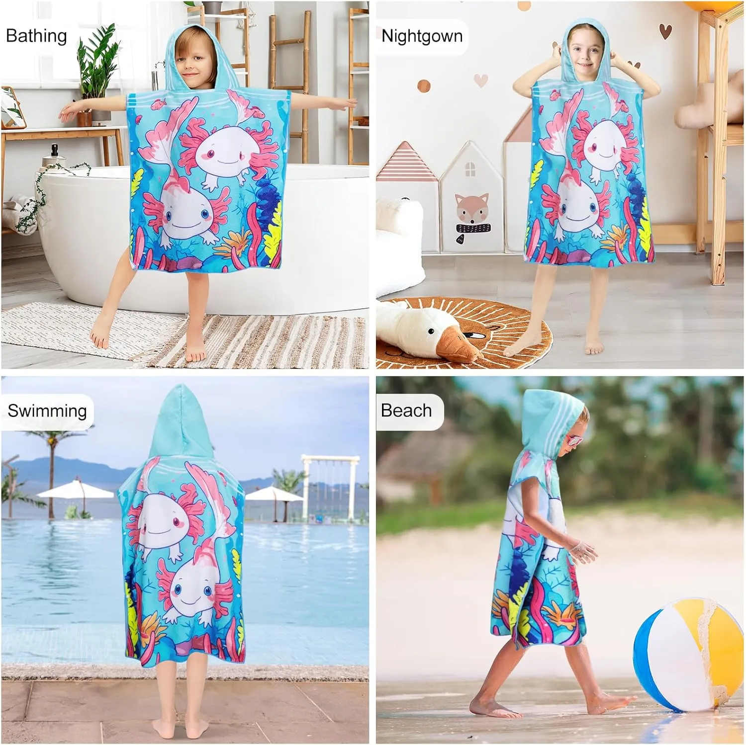 Queenshin Salamander Hooded Kids Beach Towel Sandproof, Quick Dry Microfiber Poncho Changing Pool Towel Robe for Boys & Girls 26 x 30 inch