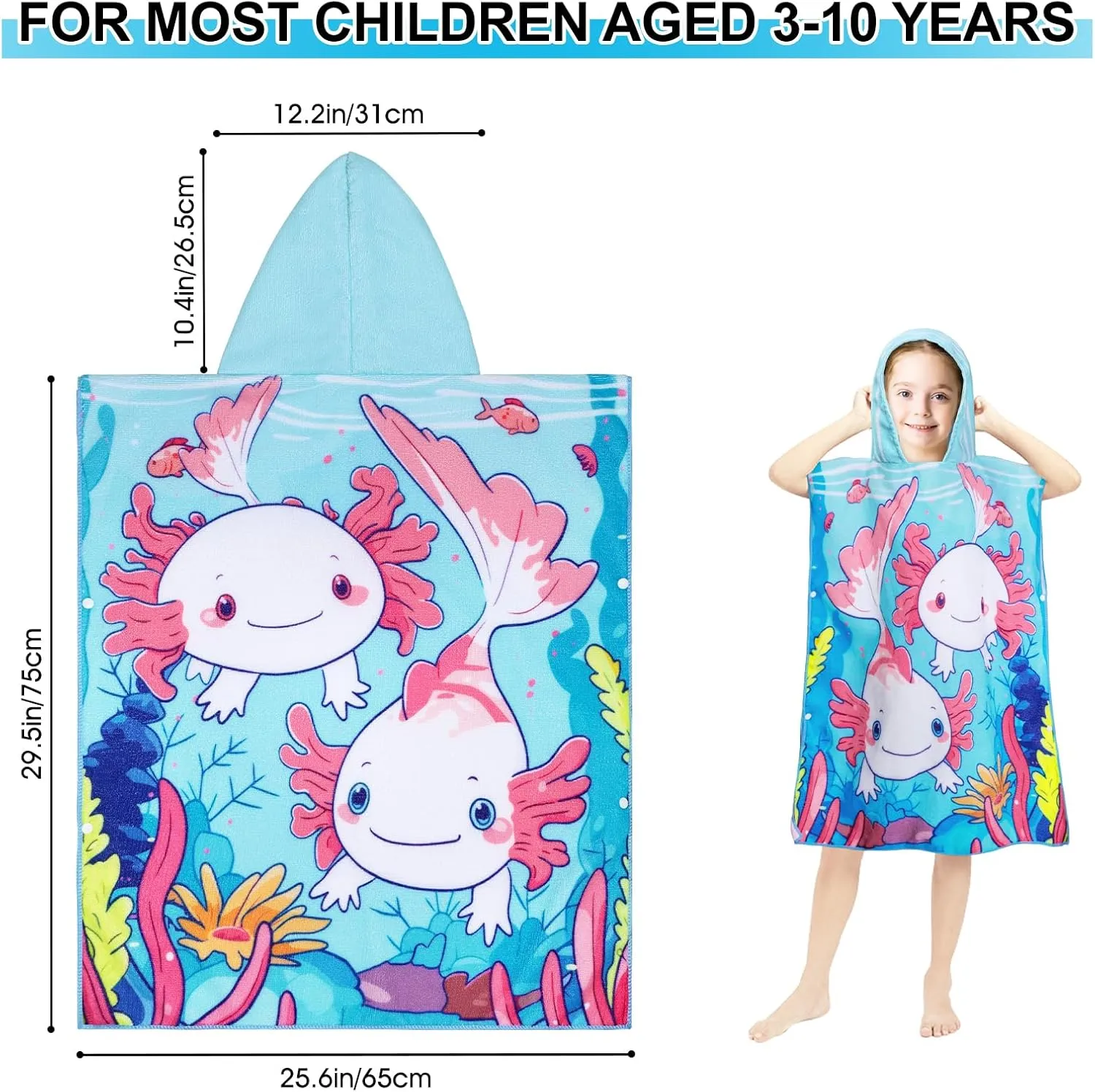 Queenshin Salamander Hooded Kids Beach Towel Sandproof, Quick Dry Microfiber Poncho Changing Pool Towel Robe for Boys & Girls 26 x 30 inch