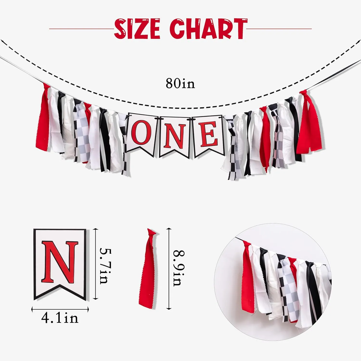 Racing Highchair Banner - Race Car First/1st Birthday Party Decorations, Red, Black and White Fabric Garland, Photo Props Cake Smash