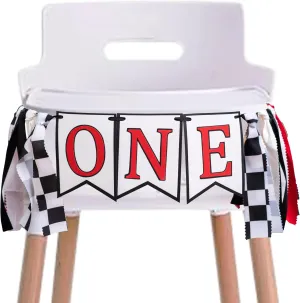 Racing Highchair Banner - Race Car First/1st Birthday Party Decorations, Red, Black and White Fabric Garland, Photo Props Cake Smash