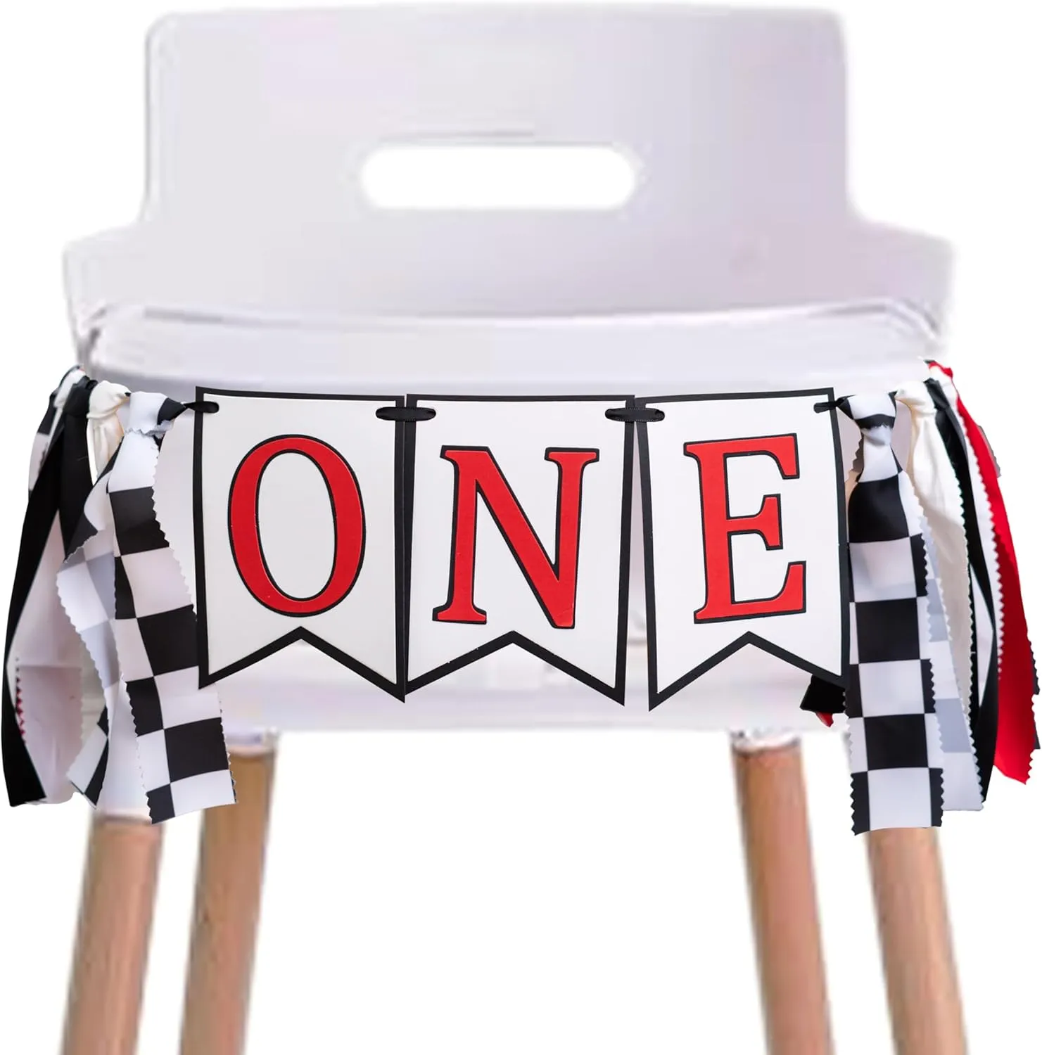 Racing Highchair Banner - Race Car First/1st Birthday Party Decorations, Red, Black and White Fabric Garland, Photo Props Cake Smash