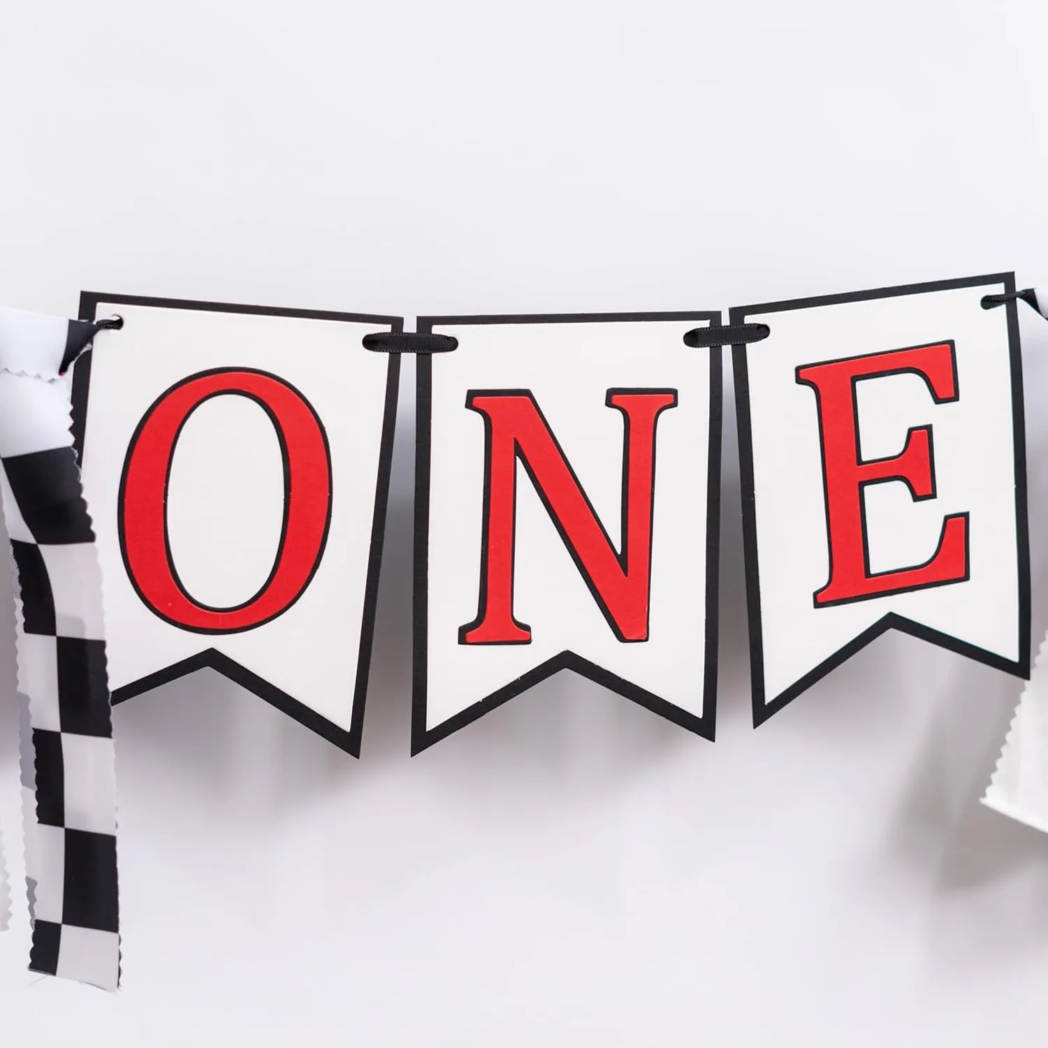 Racing Highchair Banner - Race Car First/1st Birthday Party Decorations, Red, Black and White Fabric Garland, Photo Props Cake Smash