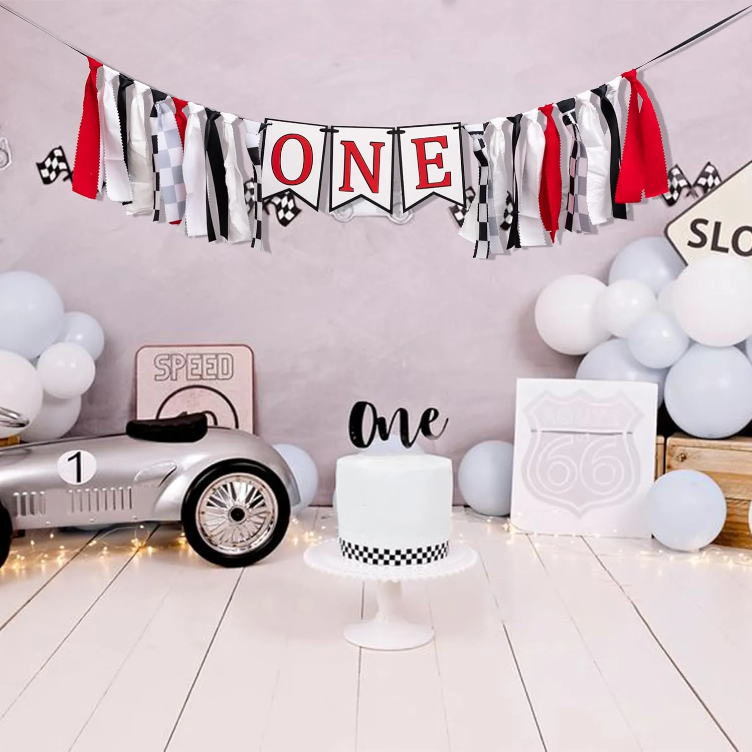 Racing Highchair Banner - Race Car First/1st Birthday Party Decorations, Red, Black and White Fabric Garland, Photo Props Cake Smash