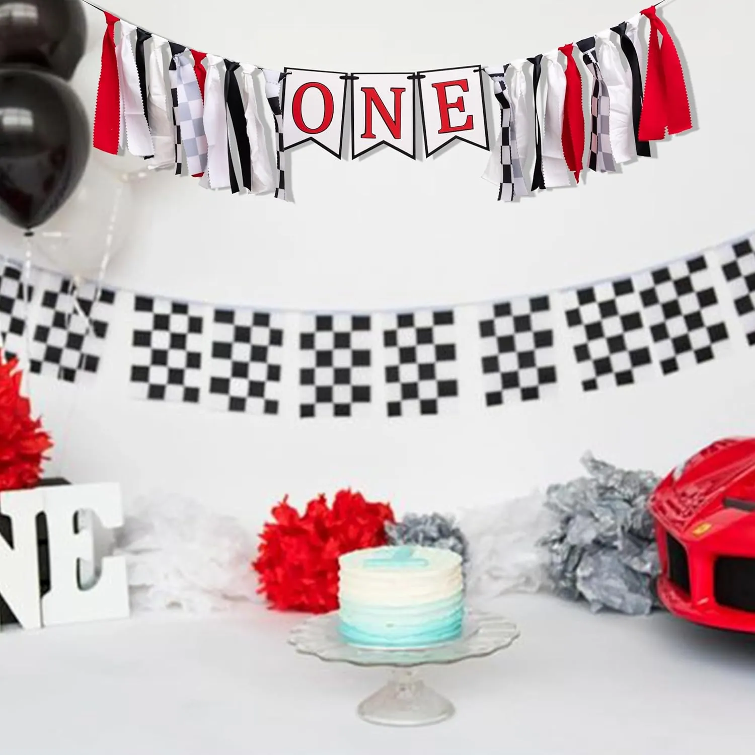 Racing Highchair Banner - Race Car First/1st Birthday Party Decorations, Red, Black and White Fabric Garland, Photo Props Cake Smash