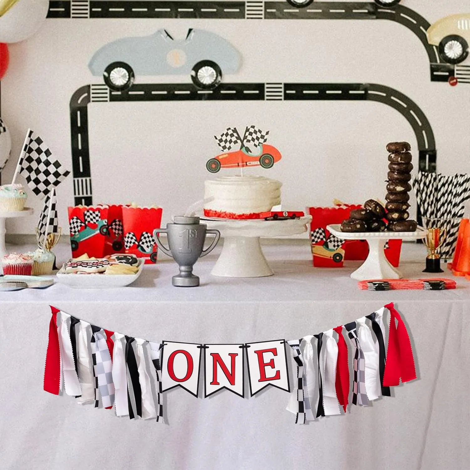Racing Highchair Banner - Race Car First/1st Birthday Party Decorations, Red, Black and White Fabric Garland, Photo Props Cake Smash
