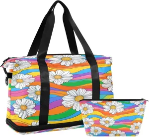 Rainbow Curve Daisy Sports Gym Bag,Travel Duffel bag with Wet Pocket & Shoes Compartment Lightweight Waterproof Overnight Bag for Men Women