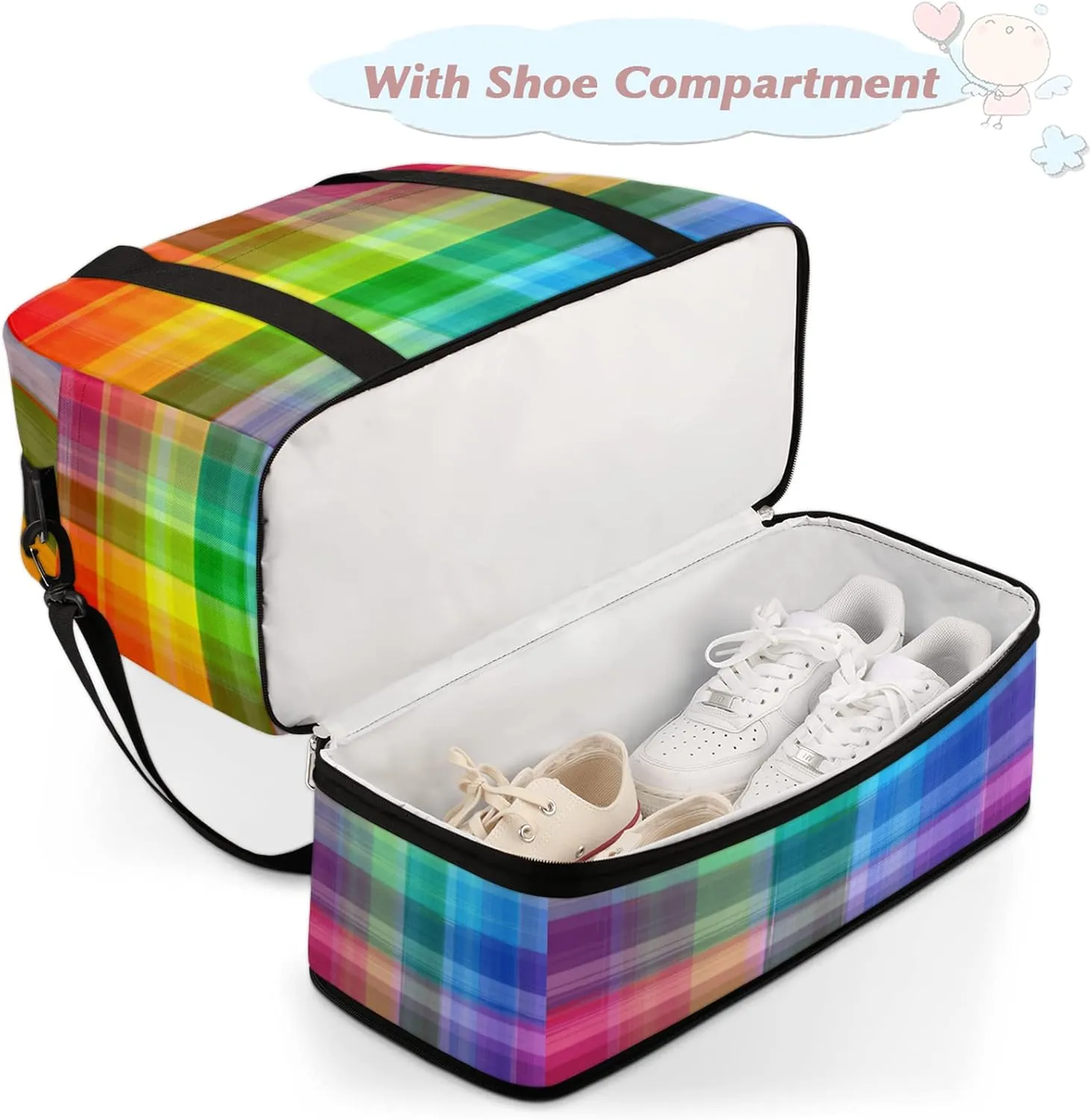 Rainbow Plaid Check Pattern Foldable Travel Duffel Bag Tote Carry on Luggage Sport Duffle for Women Men Gym Bag Overnight Weekender Bags with Shoe Compartments & Shoulder Strap
