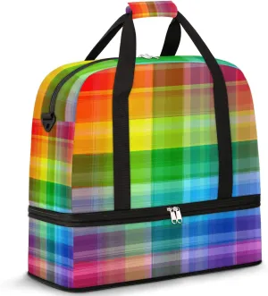 Rainbow Plaid Check Pattern Foldable Travel Duffel Bag Tote Carry on Luggage Sport Duffle for Women Men Gym Bag Overnight Weekender Bags with Shoe Compartments & Shoulder Strap
