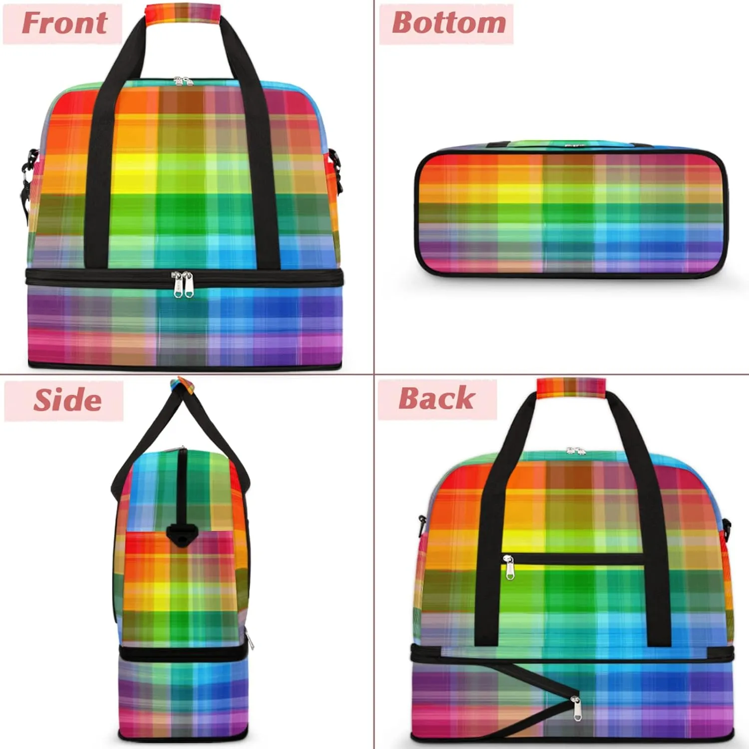Rainbow Plaid Check Pattern Foldable Travel Duffel Bag Tote Carry on Luggage Sport Duffle for Women Men Gym Bag Overnight Weekender Bags with Shoe Compartments & Shoulder Strap