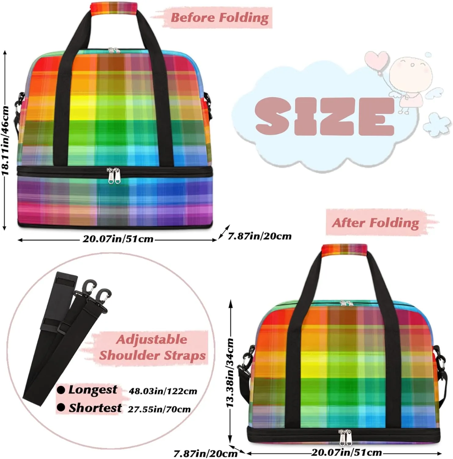 Rainbow Plaid Check Pattern Foldable Travel Duffel Bag Tote Carry on Luggage Sport Duffle for Women Men Gym Bag Overnight Weekender Bags with Shoe Compartments & Shoulder Strap