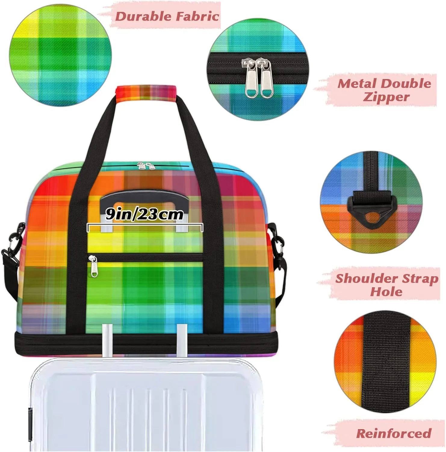Rainbow Plaid Check Pattern Foldable Travel Duffel Bag Tote Carry on Luggage Sport Duffle for Women Men Gym Bag Overnight Weekender Bags with Shoe Compartments & Shoulder Strap