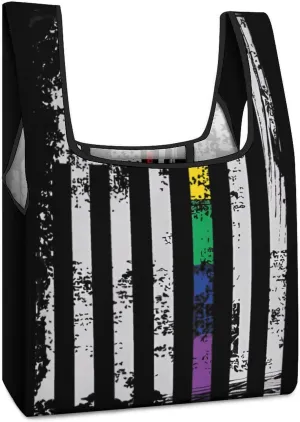 Rainbow U.S. Flag Novelty Reusable Grocery Bag Fold-able Shopping Bags Washable Tote Lightweight Storage Pouch with Handle