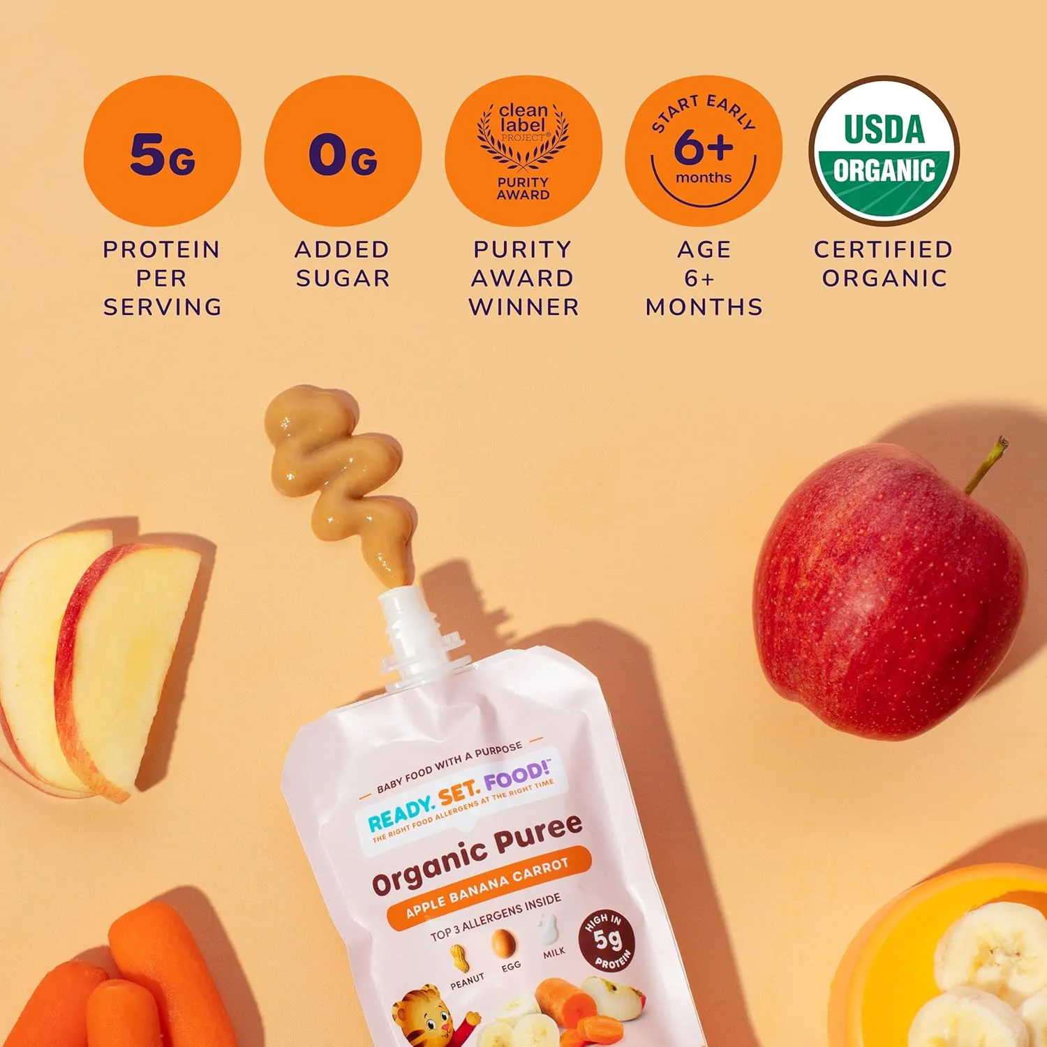 Ready Set Food Organic Puree Pouch – Organic Baby Food Squeeze Pouch with Top 3 Allergens for Baby Allergen Introduction, Includes Organic Peanuts, Egg, and Milk (Apple Banana Carrot, 6 count)