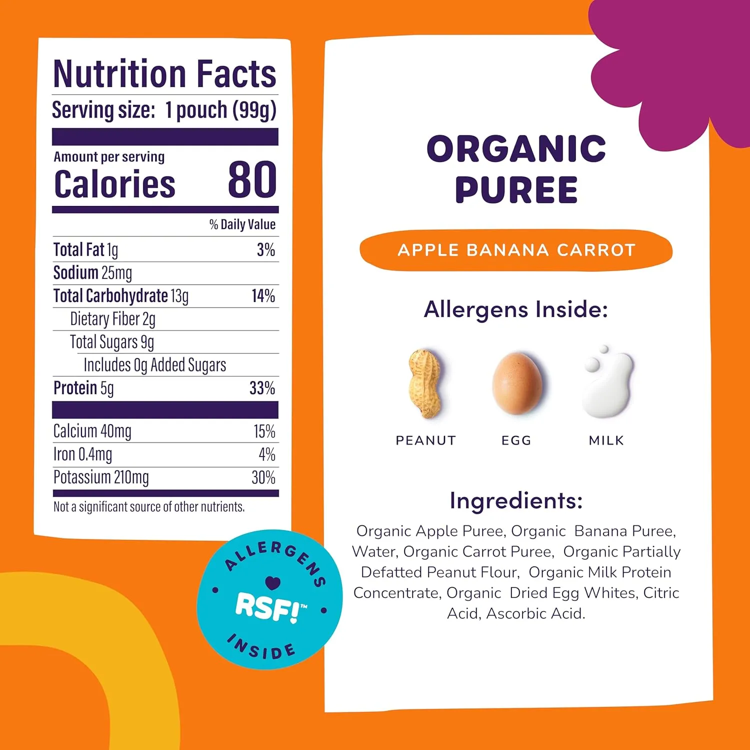Ready Set Food Organic Puree Pouch – Organic Baby Food Squeeze Pouch with Top 3 Allergens for Baby Allergen Introduction, Includes Organic Peanuts, Egg, and Milk (Apple Banana Carrot, 6 count)