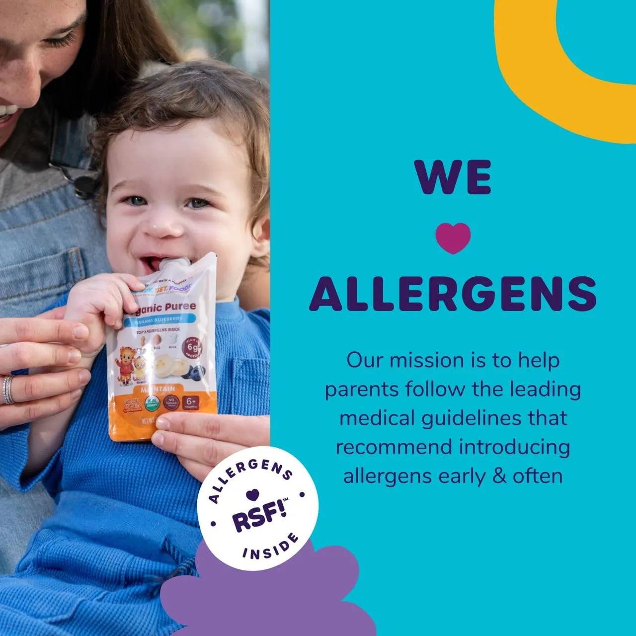 Ready Set Food Organic Puree Pouch – Organic Baby Food Squeeze Pouch with Top 3 Allergens for Baby Allergen Introduction, Includes Organic Peanuts, Egg, and Milk (Apple Banana Carrot, 6 count)