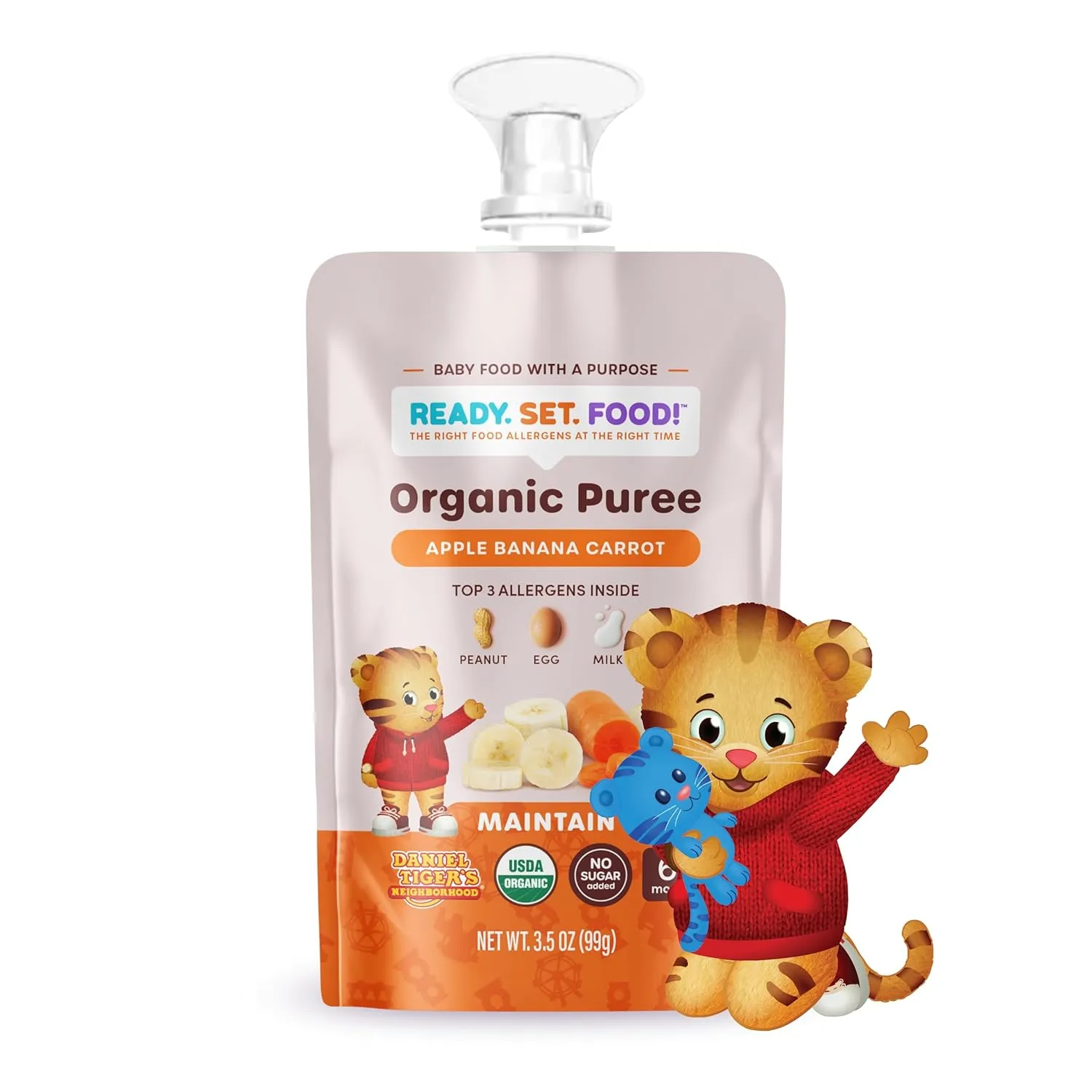 Ready Set Food Organic Puree Pouch – Organic Baby Food Squeeze Pouch with Top 3 Allergens for Baby Allergen Introduction, Includes Organic Peanuts, Egg, and Milk (Apple Banana Carrot, 6 count)