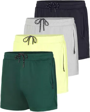 Real Essentials 4 Pack: Men's Mesh 7"/ 5"/ 3" Athletic Zipper Shorts Workout Gym Running Basketball (Big and Tall Available)