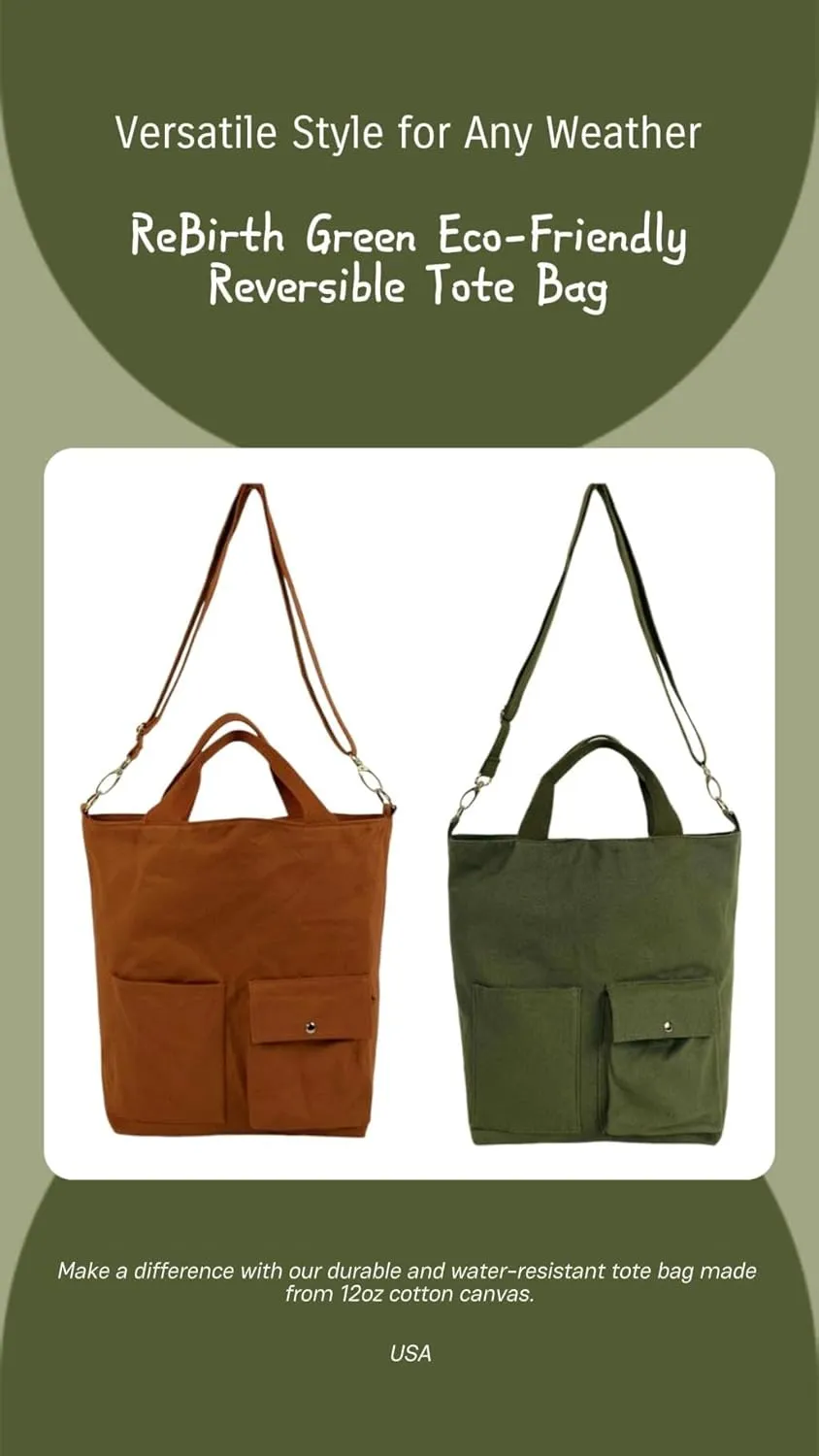 ReBirth Green Crossbody Reversible Tote – Eco-Friendly, Water-Resistant – Cinnamon/Army