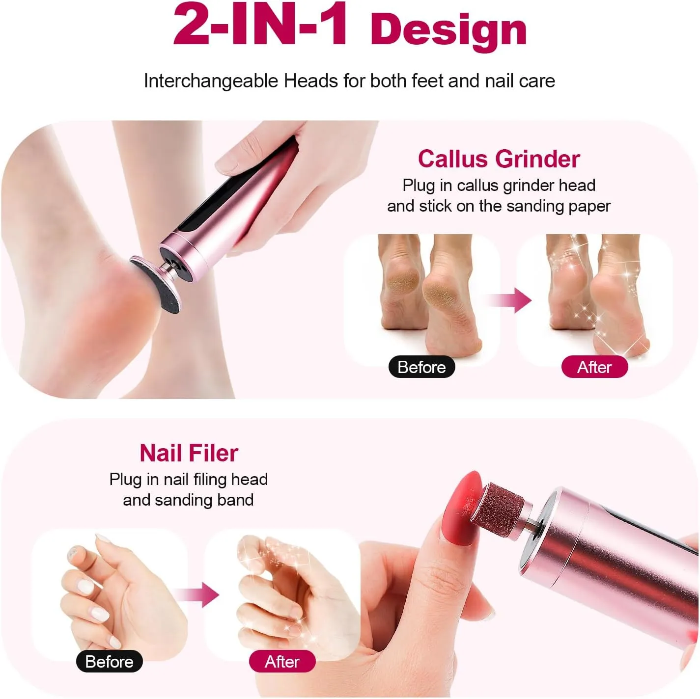 Rechargeable Callus Remover for Feet Electric 2-in-1 Pedicure Tools Foot File Grinder LCD Display 9 Adjustable Speeds 2 Sanding Heads 30 Sanding Paper