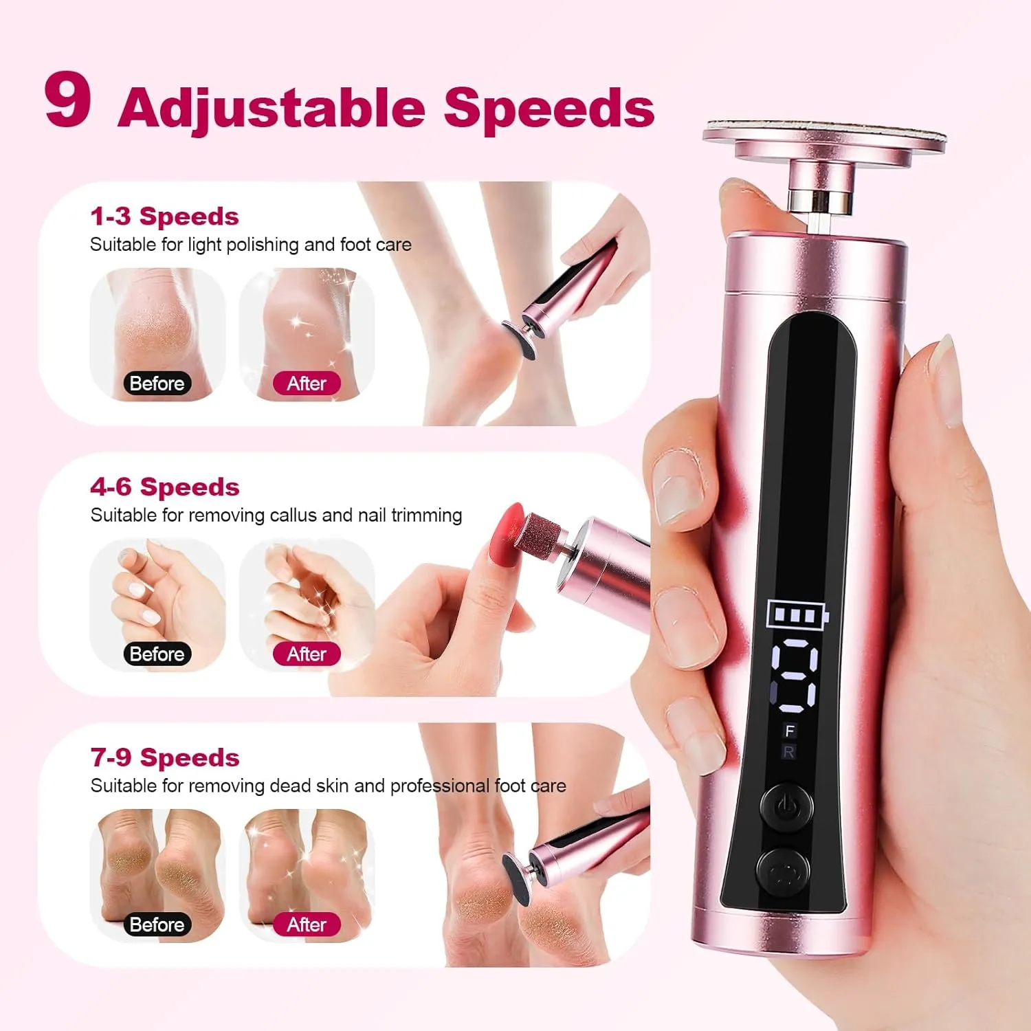 Rechargeable Callus Remover for Feet Electric 2-in-1 Pedicure Tools Foot File Grinder LCD Display 9 Adjustable Speeds 2 Sanding Heads 30 Sanding Paper