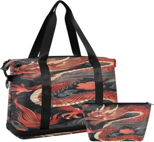Red Dragon Duffel Bag Lightweight Carry On Gym Bags for Travel and Weekends, Versatile Overnight Bag with Shoe Compartment