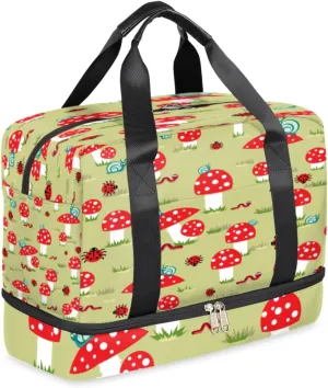 Red Mushroom Snails Sports Gym Bag with Shoes Compartment,Cute Mushroom Foldable Travel Duffel Bag Luggage for Men Women Teens Weekender Overnight Bag Yoga Tote Bag