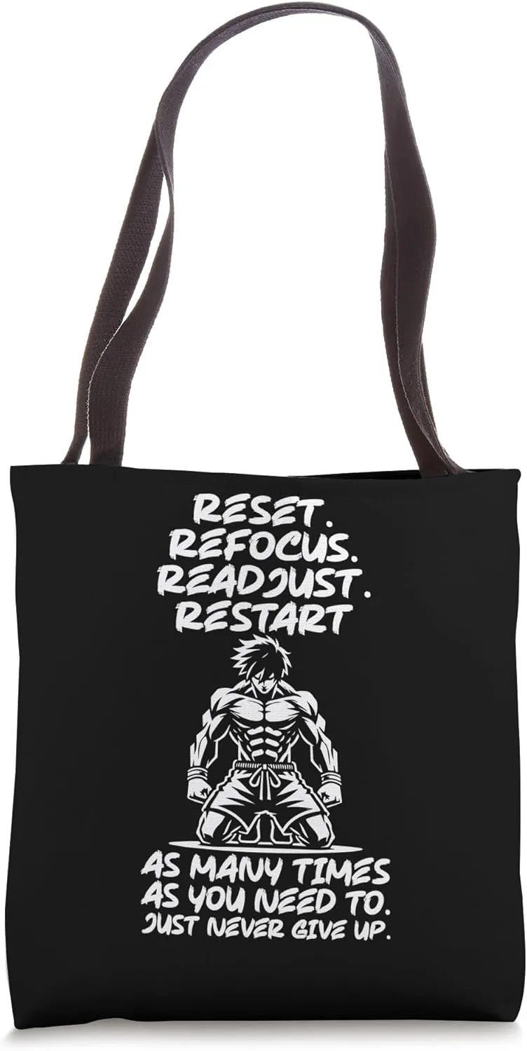 Reset Refocus Readjust, Anime Gym Workout Fitness Motivation Tote Bag