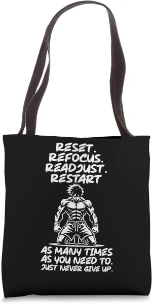 Reset Refocus Readjust, Anime Gym Workout Fitness Motivation Tote Bag