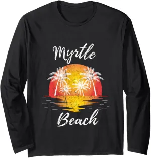 Retro Cool Myrtle Beach SC Dsistressed Sunset Palm Tree Long Sleeve T-Shirt