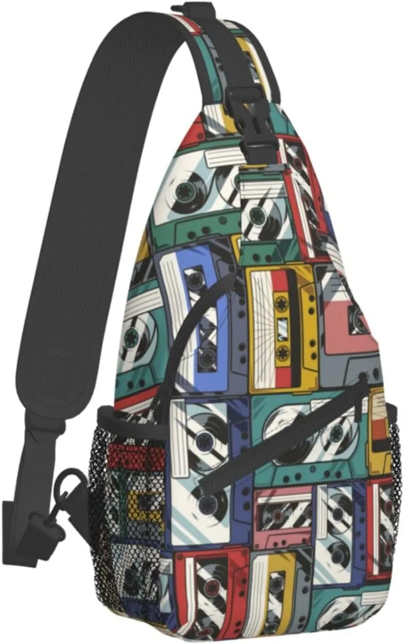 Retro Recorders Shoulder Bag Cassettes Sling Backpack Daypack Casual Backpack Hiking Bag Retro Backpack Bag