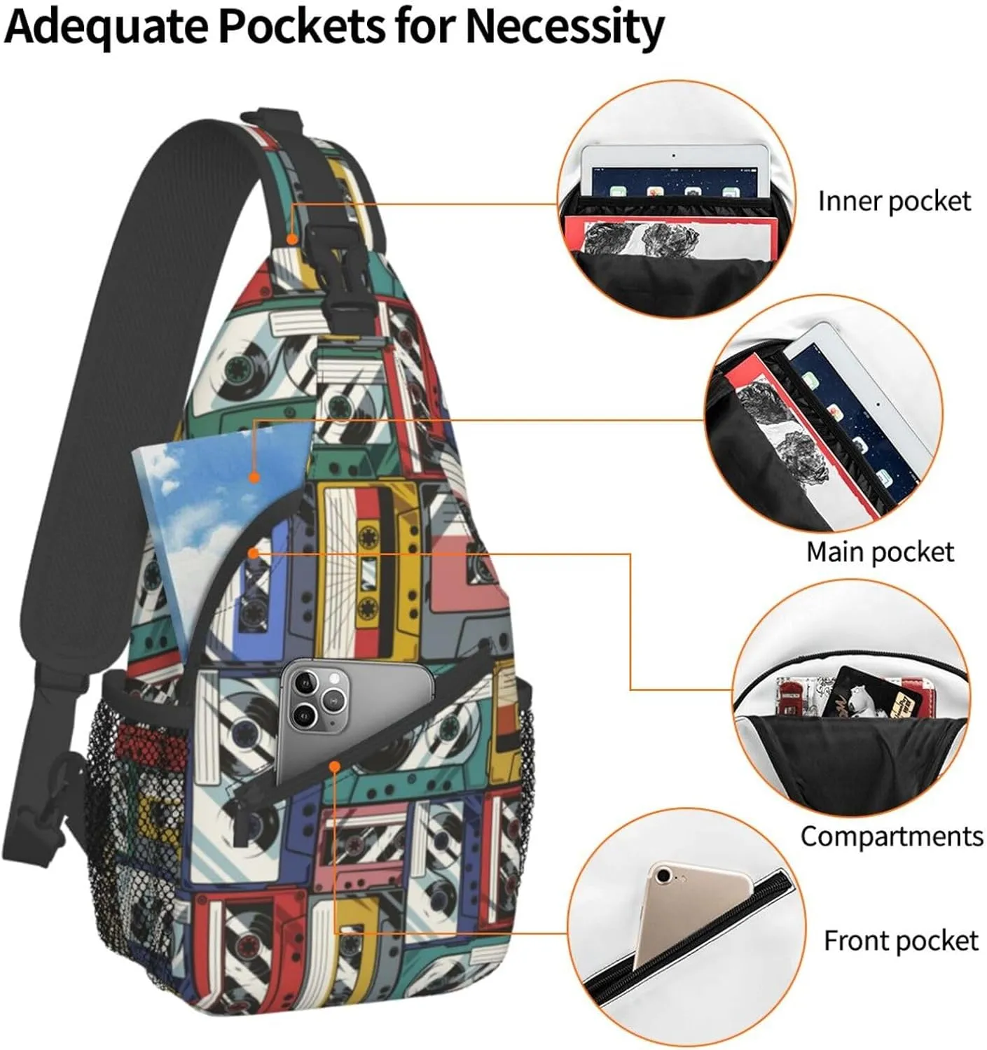 Retro Recorders Shoulder Bag Cassettes Sling Backpack Daypack Casual Backpack Hiking Bag Retro Backpack Bag
